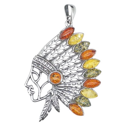 Native American in Feather Headband Amber/Silver Pendant
