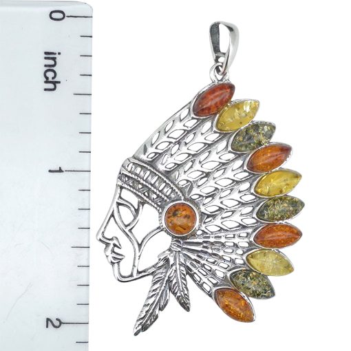 Native American in Feather Headband Amber/Silver Pendant - Image 3