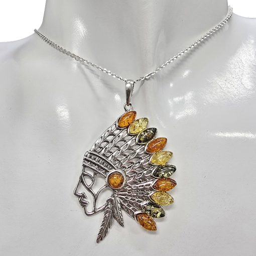 Native American in Feather Headband Amber/Silver Pendant - Image 2