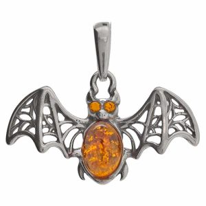 Cognac Amber Sterling Silver Bat Pendant