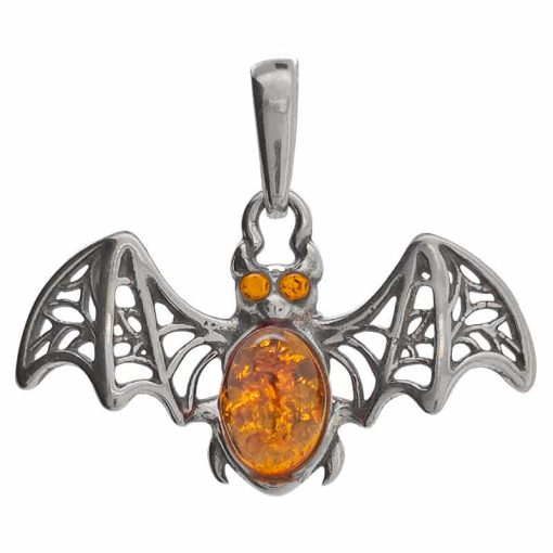 Cognac Amber Sterling Silver Bat Pendant