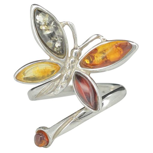 Multi Color Amber .925 Silver Butterfly Adjustable Ring