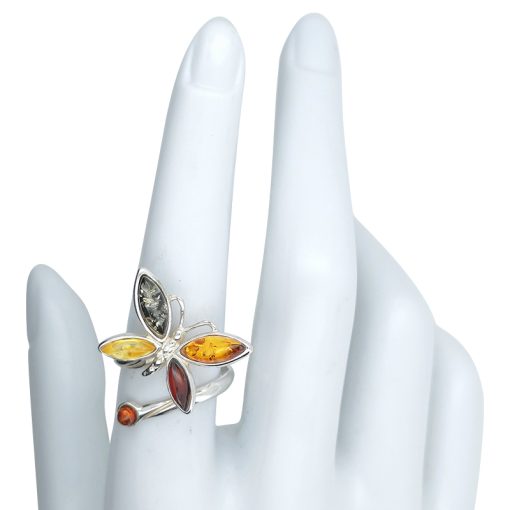 Multi Color Amber .925 Silver Butterfly Adjustable Ring - Image 3