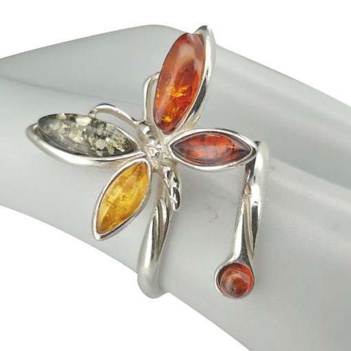 Multi Color Amber .925 Silver Butterfly Adjustable Ring - Image 2