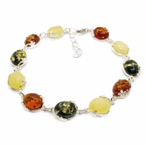 Multi Color Amber Flower Design Silver Link Bracelet