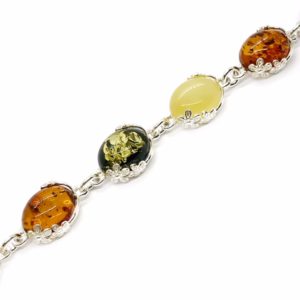 Alternative view of Multi Color Amber Flower Design Silver Link Bracelet