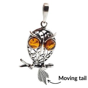 Cognac Amber Sterling Silver Owl Pendant