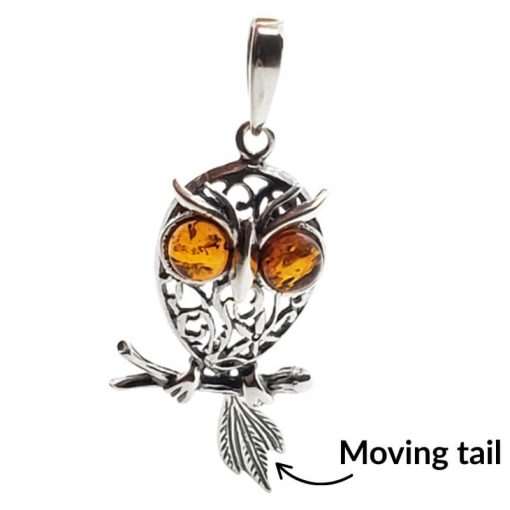 Cognac Amber Sterling Silver Owl Pendant