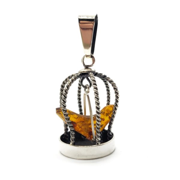 Cognac Amber Sterling Silver "Bird In A Cage" Pendant