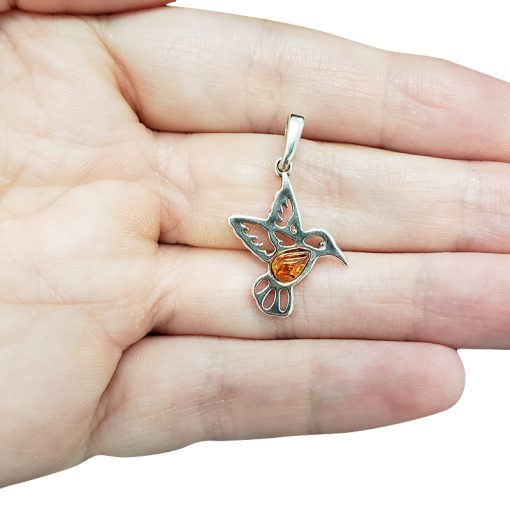 Cognac Amber .925 Silver Hummingbird Pendant - Image 2