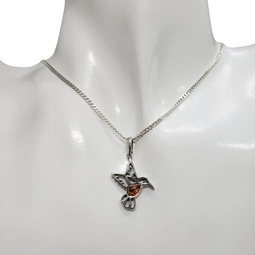 Cognac Amber Silver Hummingbird Pendant