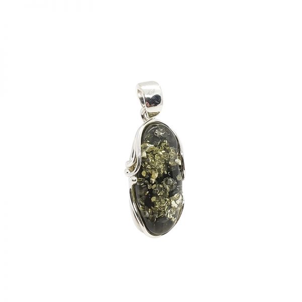 Green Amber Sterling Silver Pendant. Oval-shape amber stone set in .925 sterling silver. Genuine Baltic amber.