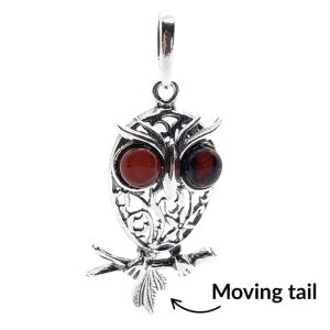 Cherry Amber Sterling Silver Owl Pendant