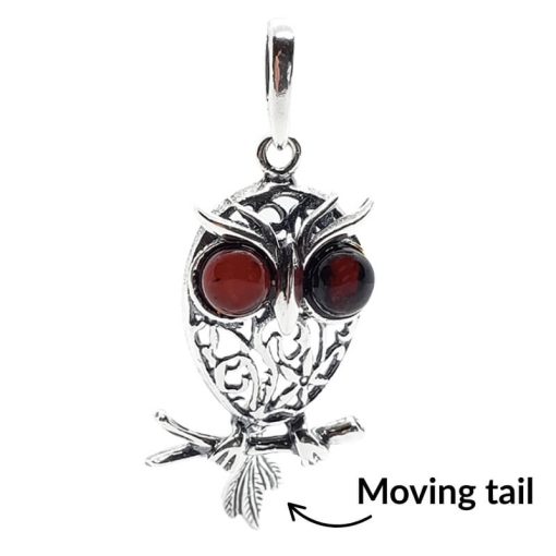 Cherry Amber Sterling Silver Owl Pendant