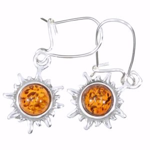 Sun cognac amber sterling silver earrings on hooks.