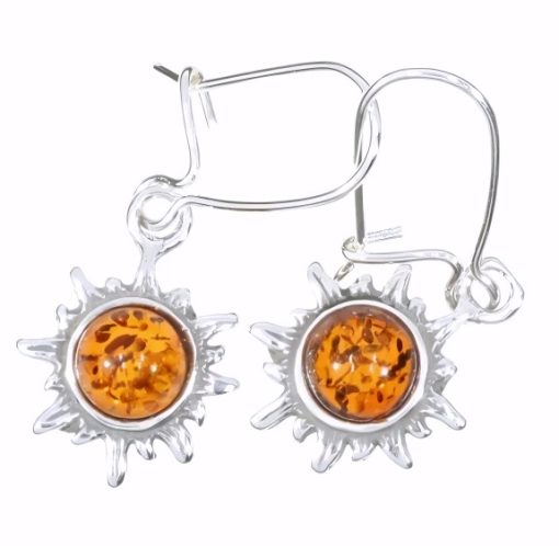 Sun cognac amber sterling silver earrings on hooks.