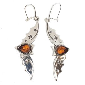 Bat Cognac Amber Sterling Silver Earrings On Hooks