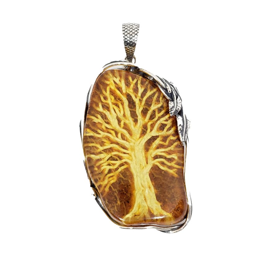 Hand Carved Amber .925 Silver "Tree" Cameo Pendant