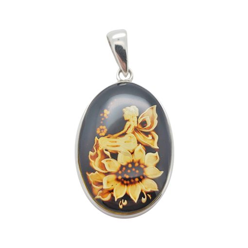 Amber Cameo/Intaglio Fairy on a Sunflower Pendant
