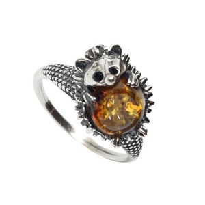 Cognac Amber Sterling Silver Hedgehog Ring