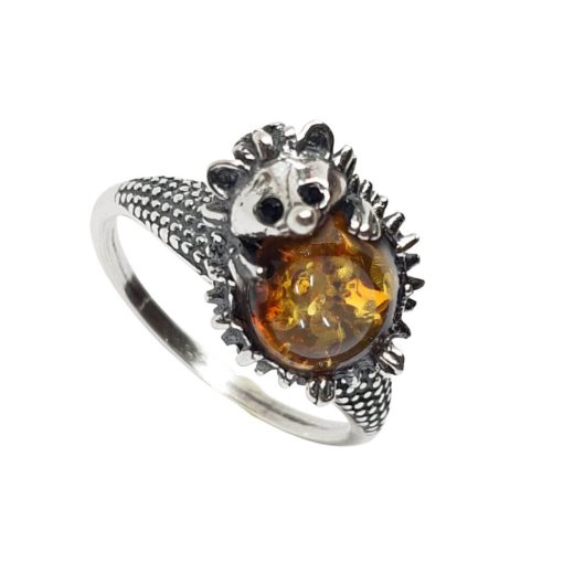 Cognac Amber Sterling Silver Hedgehog Ring