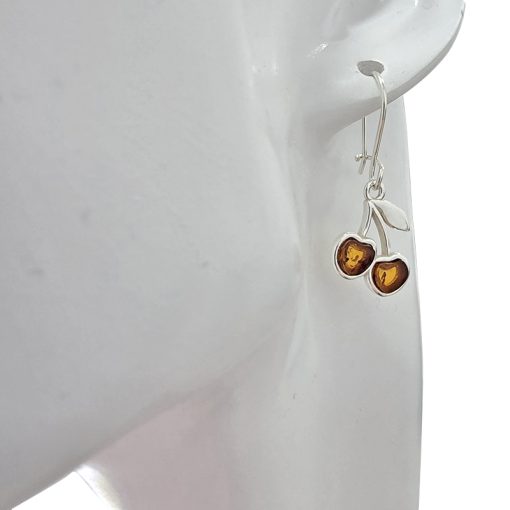 Cognac Amber Sterling Silver Cherry Earrings On Hooks - Image 2