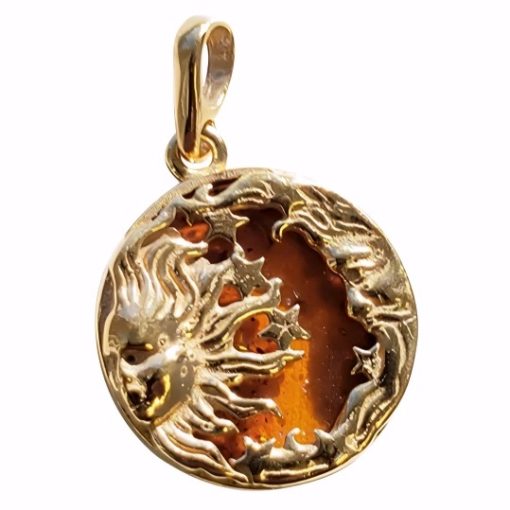 Moon And Sun Cognac Amber Gold Plated Silver Pendant