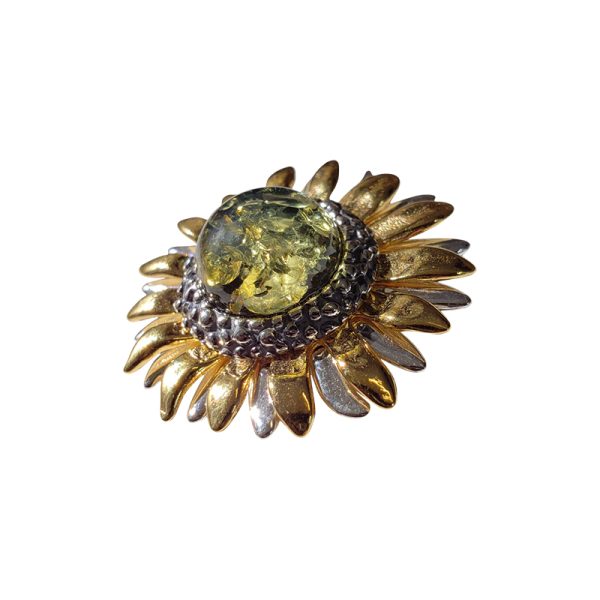 Green Amber Sterling Silver Gold Plated Flower Pin/Pendant