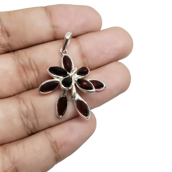 Flower Amber Pendant/Made With Sterling Silver Cherry/Color