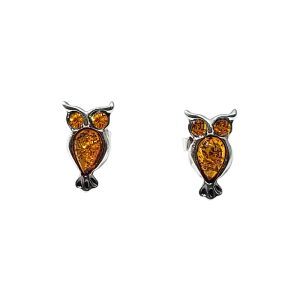 Cognac Amber Sterling Silver Owl Stud Earrings