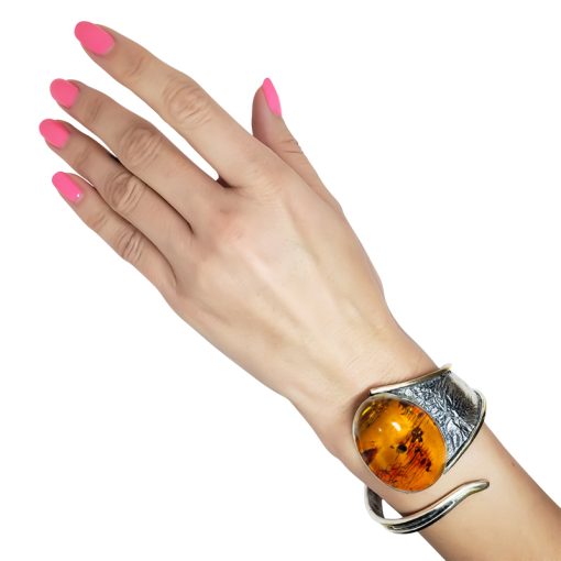 Cognac Amber Silver Handmade Cuff Bracelet