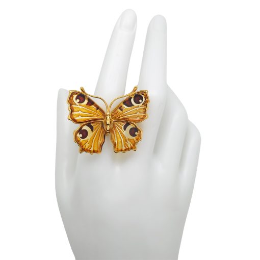 Peacock Butterfly Cameo Amber Gold Plated Silver Adjustable Ring - Image 2