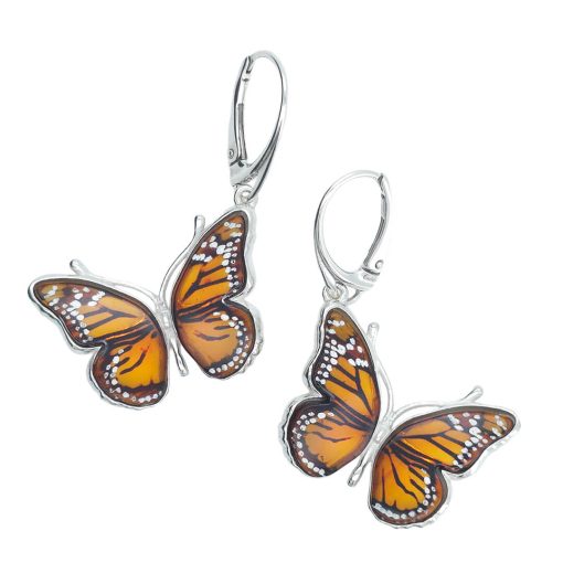 Cameo Amber Sterling Silver Monarch Butterfly Earrings On Hooks