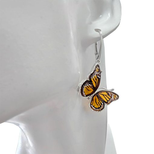 Cameo Amber Sterling Silver Monarch Butterfly Earrings On Hooks - Image 2