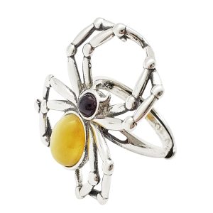 Multi-Color Amber Sterling Silver Spider Adjustable Ring