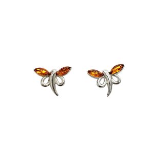 Cognac Amber Sterling Silver Dragonfly Stud Earrings