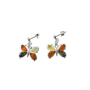 Multi-Color Amber Sterling Silver Post Dangle Earrings