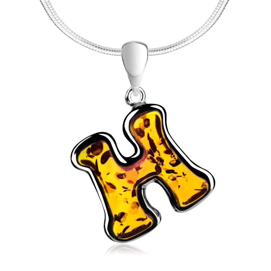 Cognac Amber Sterling Silver Alphabet Collection Letter H Pendant