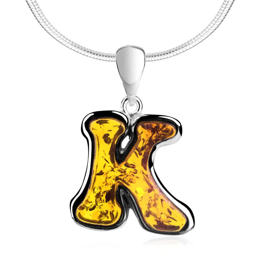 Cognac Amber Sterling Silver Alphabet Collection Letter K Pendant