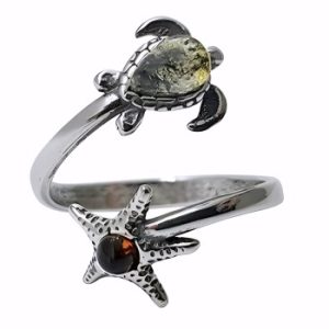 Turtle Multi Color Amber Sterling Silver Adjustable Ring