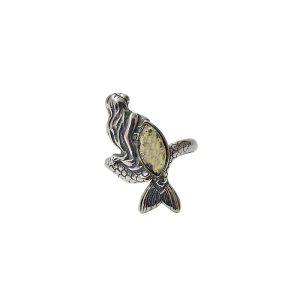 Mermaid Green  Amber Sterling Silver Adjustable Ring