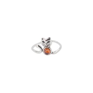 Cat Cognac Amber Sterling Silver Adjustable Ring