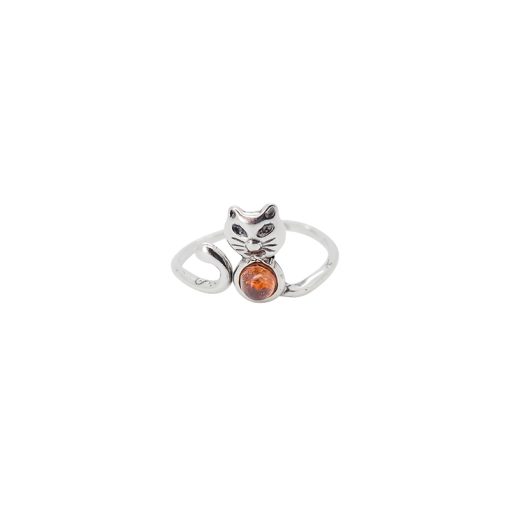Cat Cognac Amber Sterling Silver Adjustable Ring