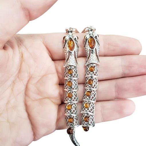 Snake Cognac Amber Silver Earrings - Image 3