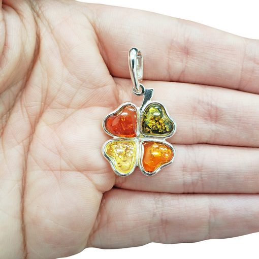 Multi-Color Amber Sterling Silver Clover Pendant - Image 3