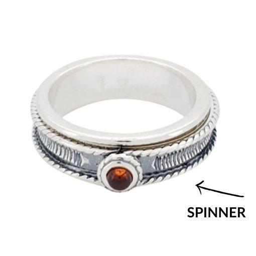Cognac Amber Spinner Silver Ring