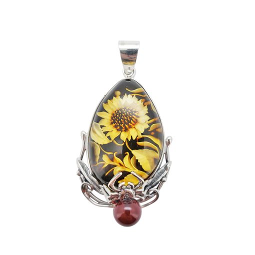 Amber Silver Sunflower Spider Cameo Pendant