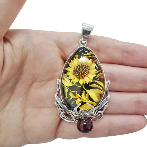 Amber Silver Sunflower Spider Cameo Pendant - Image 3