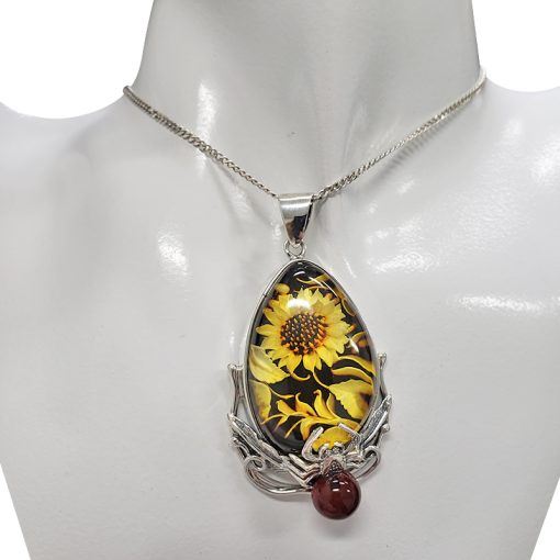 Amber Silver Sunflower Spider Cameo Pendant - Image 2