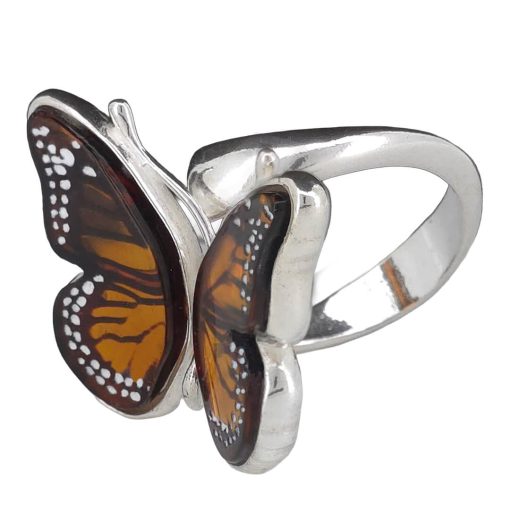 Monarch Butterfly Cameo Amber Silver Adjustable Ring - Image 4